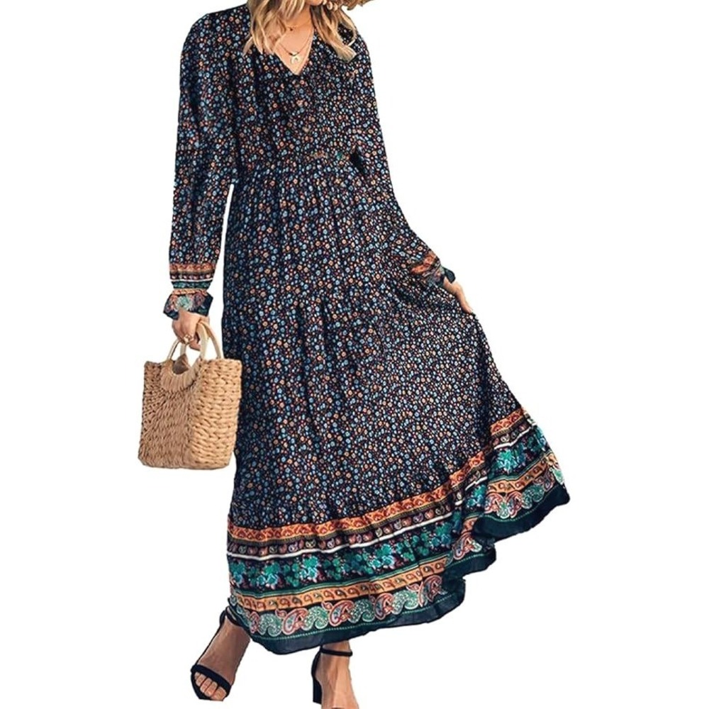 Blue Ditsy Floral Paisley Boho Maxi Dress XL Cottagecore Prairie Festival Hippie